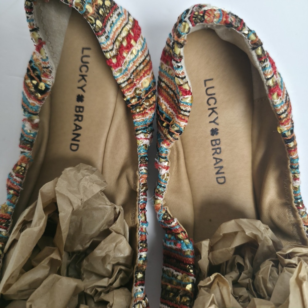 Lucky Brand Emmie Ballet Flats Boho Crochet Sequin Stripe Slip On Shoes Size 10 - Picture 2 of 6